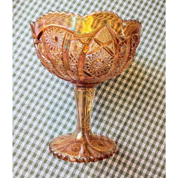 Imperial Glass Marigold Compote Stem Pedestal Bowl Carnival Glass Hobstar & Arch - Picture 6 of 8